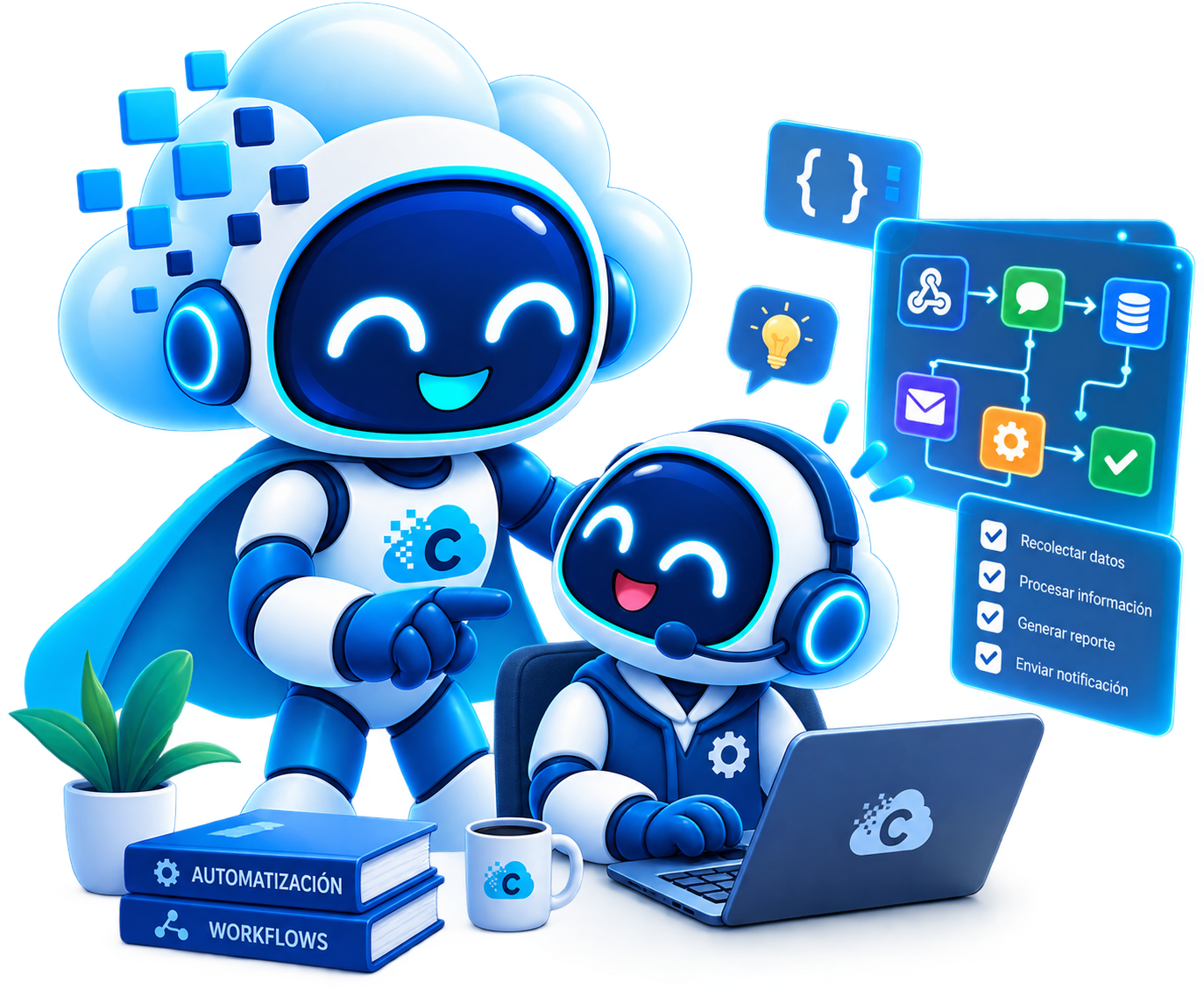 Robots CloudCo configurando flujos de automatización