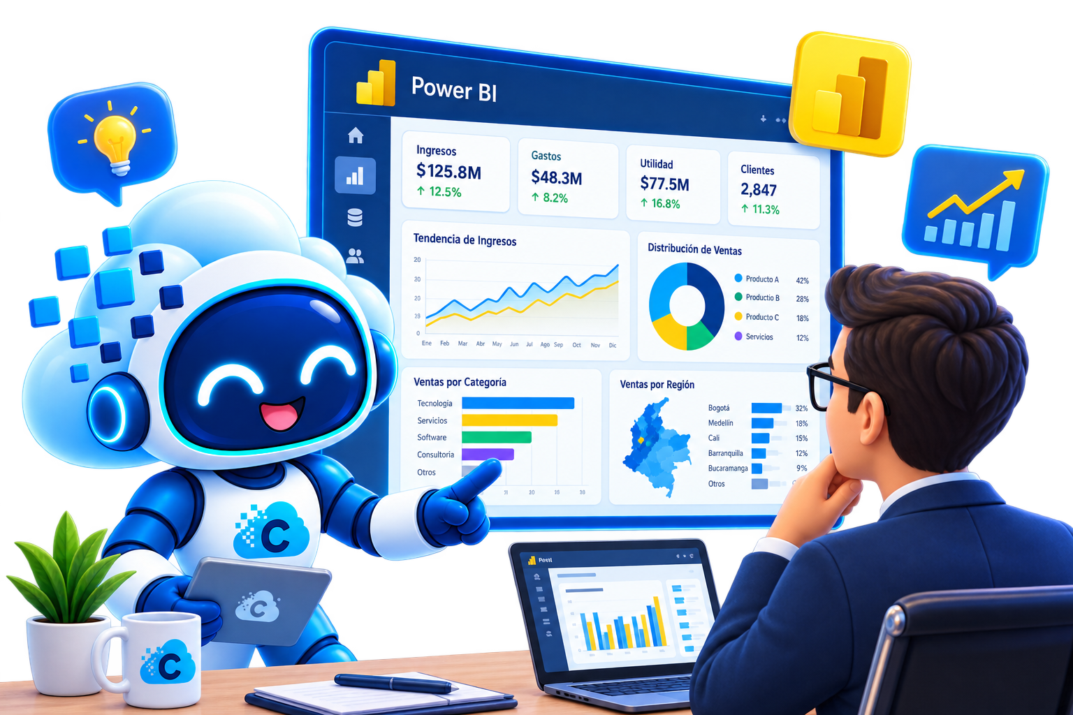 Robot CloudCo presentando un tablero de Power BI